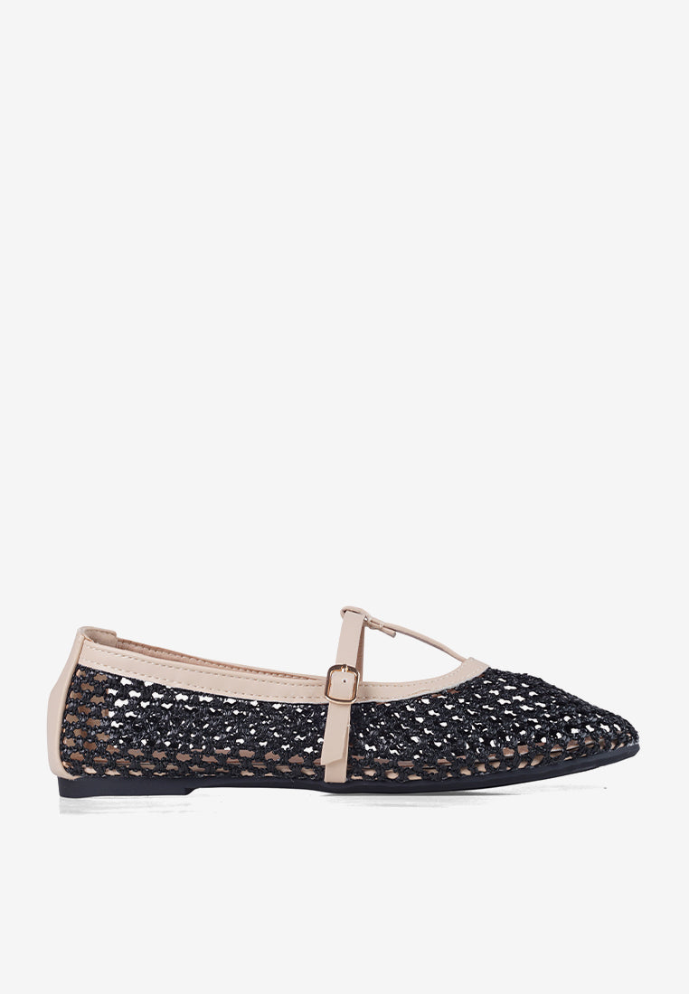 Aria Black Woven Mary Jane Flat Shoes Summer Slip On